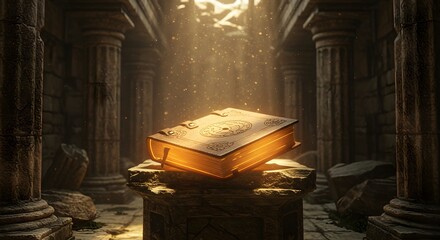 Mysterious Glowing Magic Book on Stone Pedestal in Ancient Temple