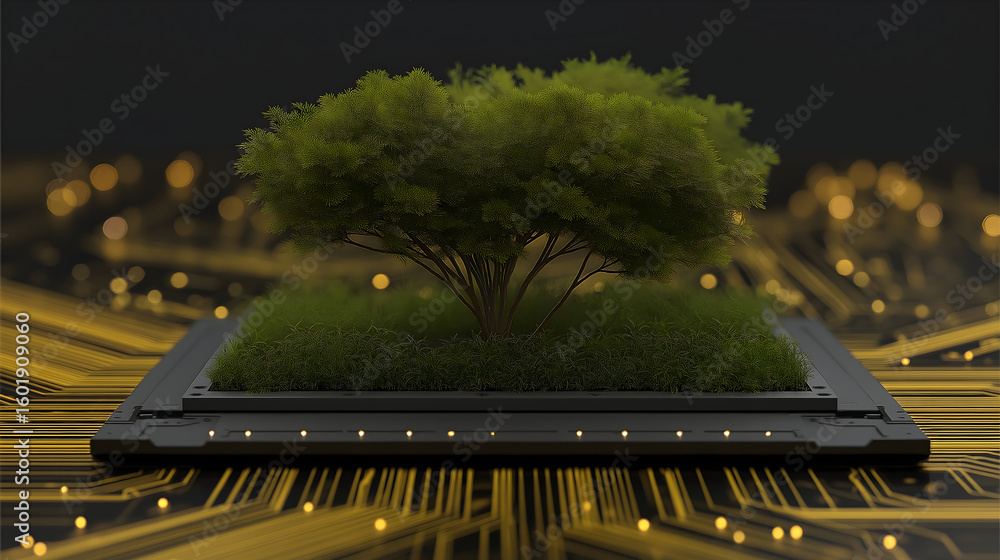 Aufkleber a digital circuit board with a small tree growing from it, symbolizing the fusion of nature and tech