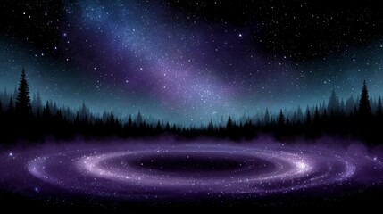 Fototapeta premium Misty forest silhouette beneath a starry sky with a purple galaxy swirling on the ground