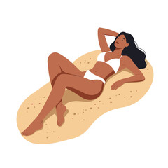Fototapeta premium Woman relaxing on sandy beach in white bikini under sunlight 