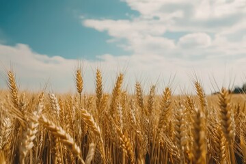 Fototapeta premium Golden wheat field stretches under a partly cloudy sky.