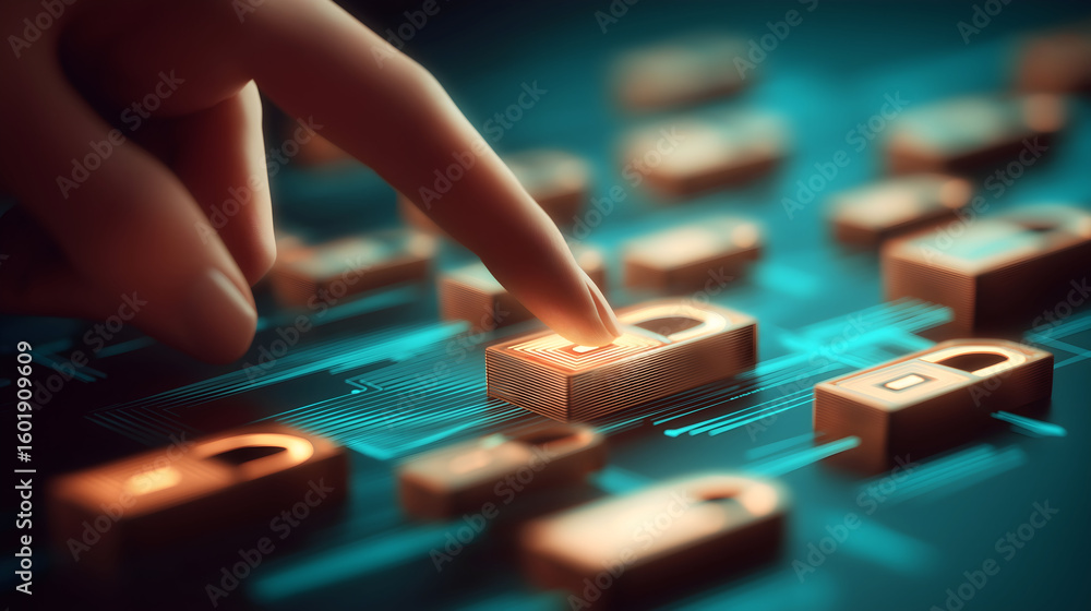 Poster a finger presses a glowing digital lock icon on a virtual interface, symbolizing cybersecurity and d