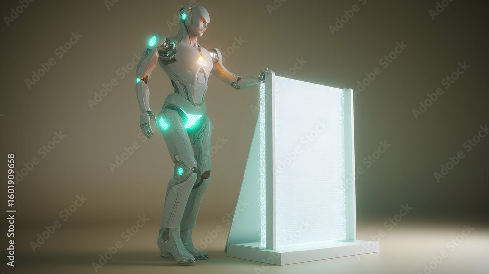 Poster a futuristic humanoid robot interacts with a glowing transparent screen, symbolizing advanced ai and