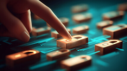 Fototapeta premium A finger presses a glowing digital lock icon on a virtual interface, symbolizing cybersecurity and data protection.