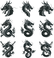 Nine stylized black dragon designs; variations in pose, flames, and swords.