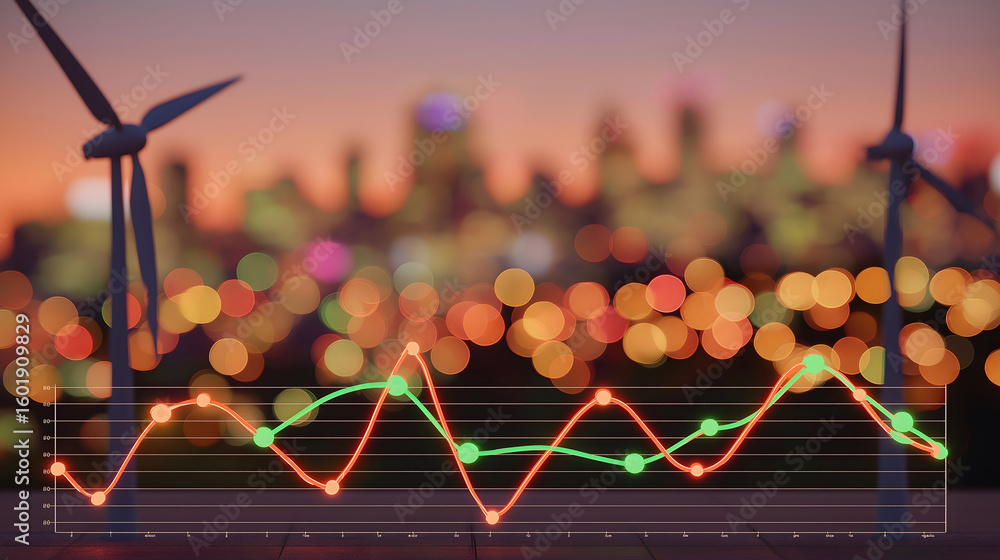 Poster city skyline at sunset with wind turbines and overlay of colorful fluctuating data graph points.