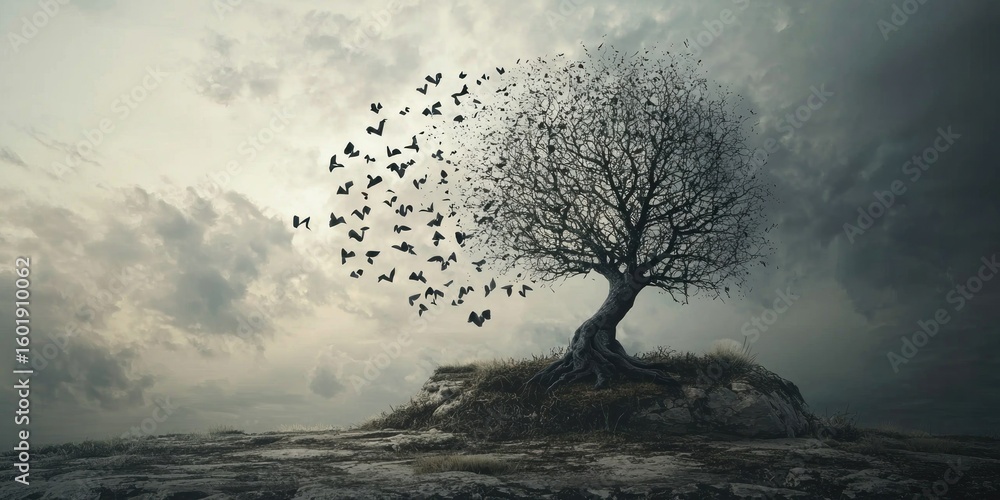 Poster a surreal tree where each branch represents an evolving stage of creative thought