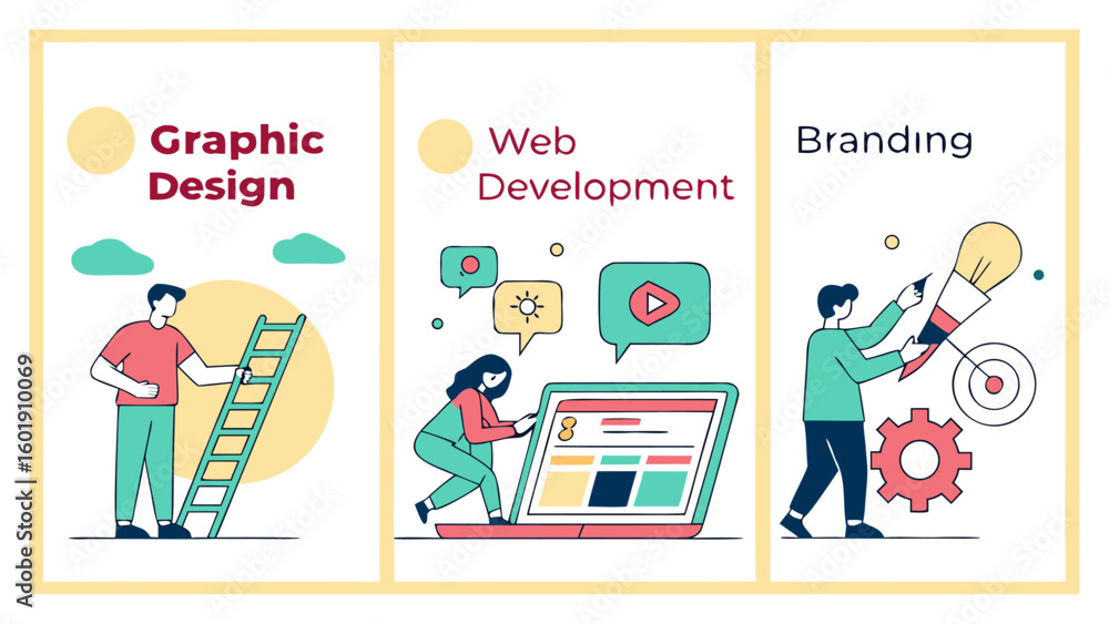 Poster illustrations depicting graphic design web development and branding with people and related elements