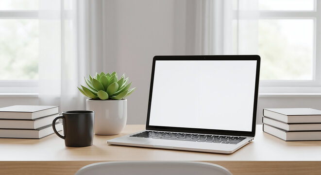 Minimalist home office desk with laptop mockup, blank screen, succulent plant, black mug, and books by a bright window