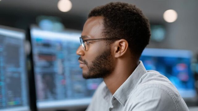Focused Professional at Work: A focused individual intently monitors a bank of computer screens, absorbed in the details and information.