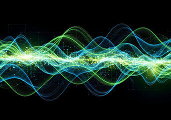 Luminous green and blue waveforms oscillating on a dark backdrop, visualizing digital frequency, sound, or data streams.