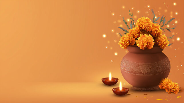 Dashain festival banner, sacred kalash pot with green jamara (barley sprouts), marigold flowers and glowing diya lamps
