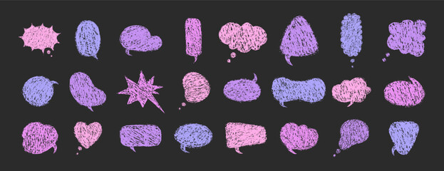 Colorful Crayon speech bubble. Vector Set with chalk scribble text. Retro hand drawn doodle dialogue in sketch style.