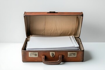 Vintage leather briefcase overflowing with documents and paperwork on a white background