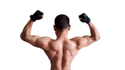 A muscular man is doing a back pose, showcasing the details of his arm, shoulder, and back muscles,...