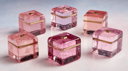 Obraz premium Five pink textured glass trinket boxes with gold trim and heart shaped latches