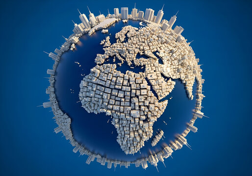 Conceptual 3D rendering of planet Earth as a global megacity with continents covered in urban buildings