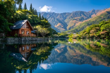 Fototapeta premium Peaceful Mountain Lake Retreat Cabin Tranquil Waters