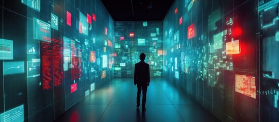Person standing in a room with projections of data.