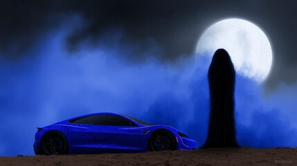A blue sports car parked on sandy terrain under a large full moon with a dark ominous figure