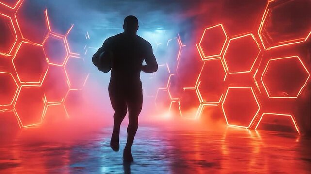 Rugby player running with neon tunnel. - Powered by Adobe
