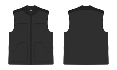 Black vest template with pockets front and back view