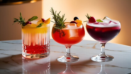Group of exotic cocktails with ice and citrus slices on marble bar, modern atmosphere
