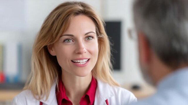 Consultation and Care: A compassionate doctor is seen engaging with patient in a setting of medical consultation, displaying understanding and empathy through her comforting smile.
