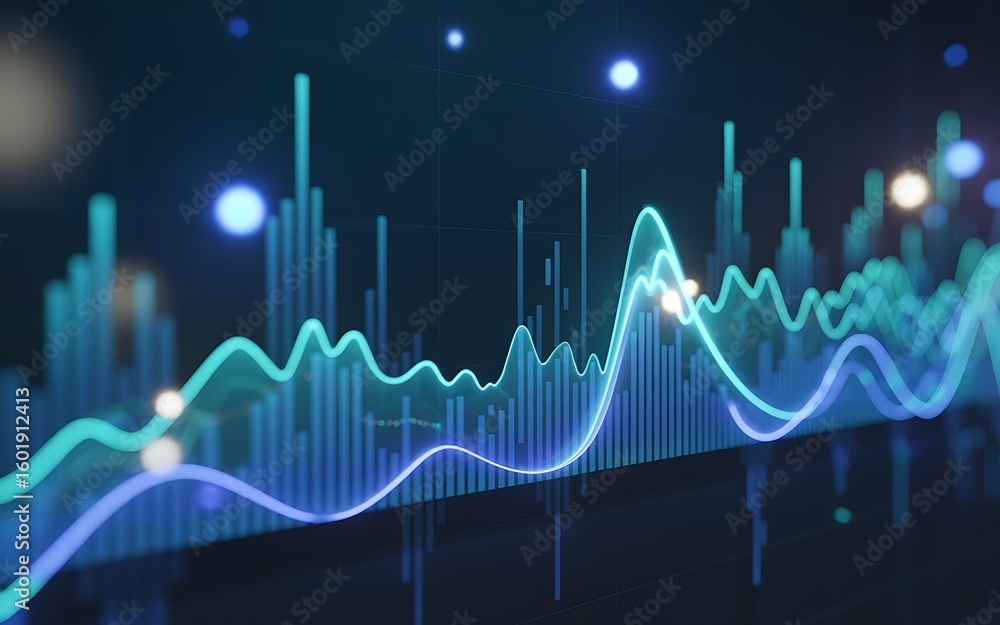 Poster glowing blue and green financial data graph with rising and falling lines financial graph data visua