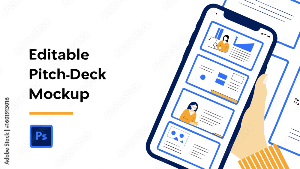 Aufkleber hand holding smartphone displaying presentation slides with illustrations and data visualizations on