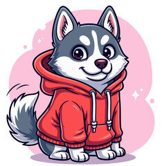 A cute lovely husky wearing red hoodie cartoon illustration in comics style