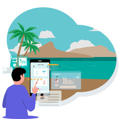 A man working remotely analyzing financial data from Smart phone during travel with monochrome icon background. Modern business flat vector design.