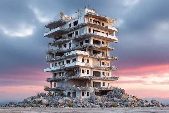 Abandoned concrete building in ruins against dramatic sunset sky