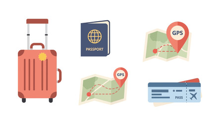 A set of flat design icons for travel and tourism. Vector illustration of a suitcase, passport, GPS map, and airline boarding pass.