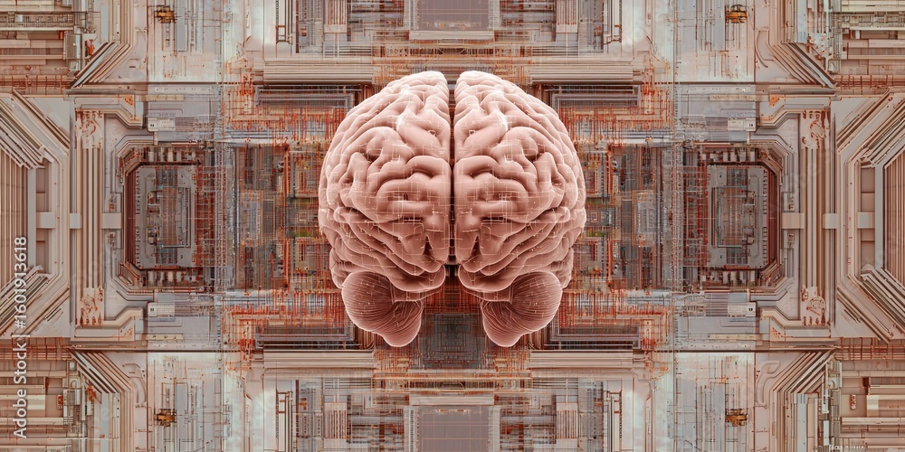 Poster a surreal visualization of a human brain merging seamlessly with digital circuits