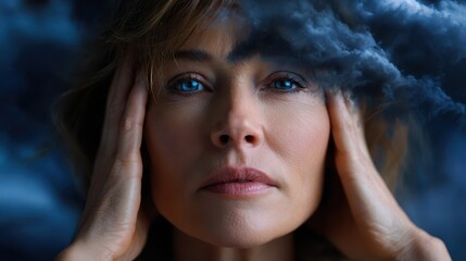Woman touching head with storm clouds symbolizing headache or stress