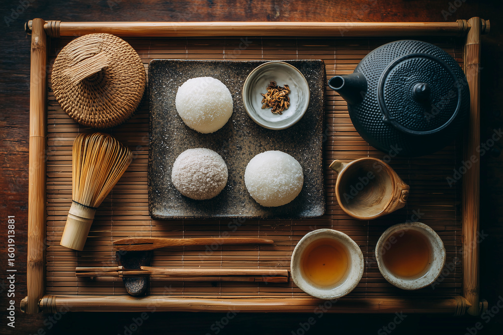 Poster a tray with four different types of dumplings and a teapot
