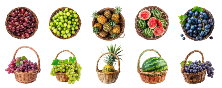 Collection of different fruit in a basket png cutout isolate on transparency background