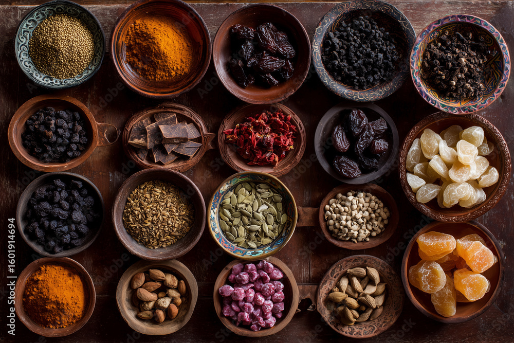 Poster a table with many bowls of different spices and nuts