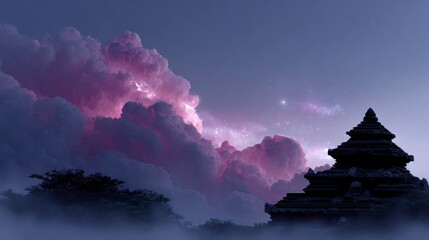 Ancient temple silhouette against purple clouds and starry night sky architecture