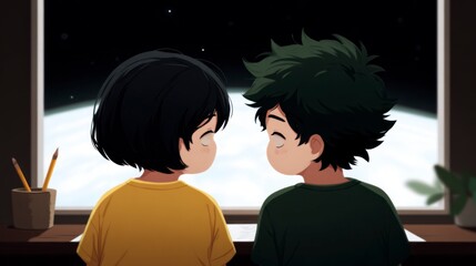 Obraz premium Two anime characters a boy and a girl look out a window at Earth from space