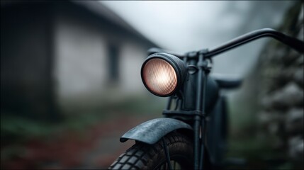 Vintage motorcycle headlight and front fender close up detail with blurred background