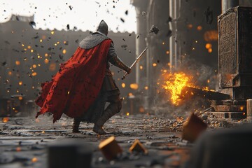Medieval warrior in action amidst fiery conflict.