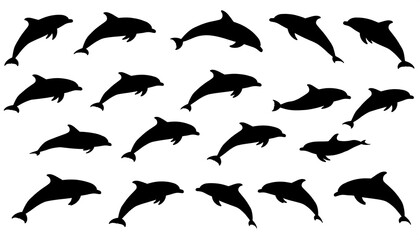 Obraz premium Black silhouettes of dolphins in various jumping poses