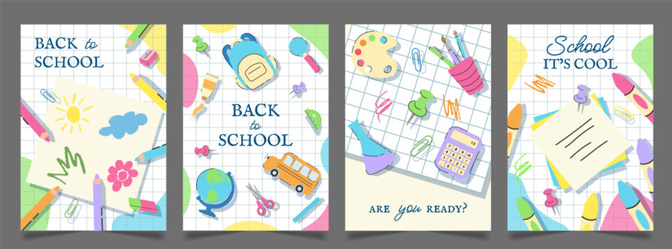 Back to School Vector Banner Poster Card with Trendy School Kids Supplies and Charcoal Drawing. Modern Flyer Cover Border Background with Cute Education Child Flat Elements, Place for Text pencil bus.