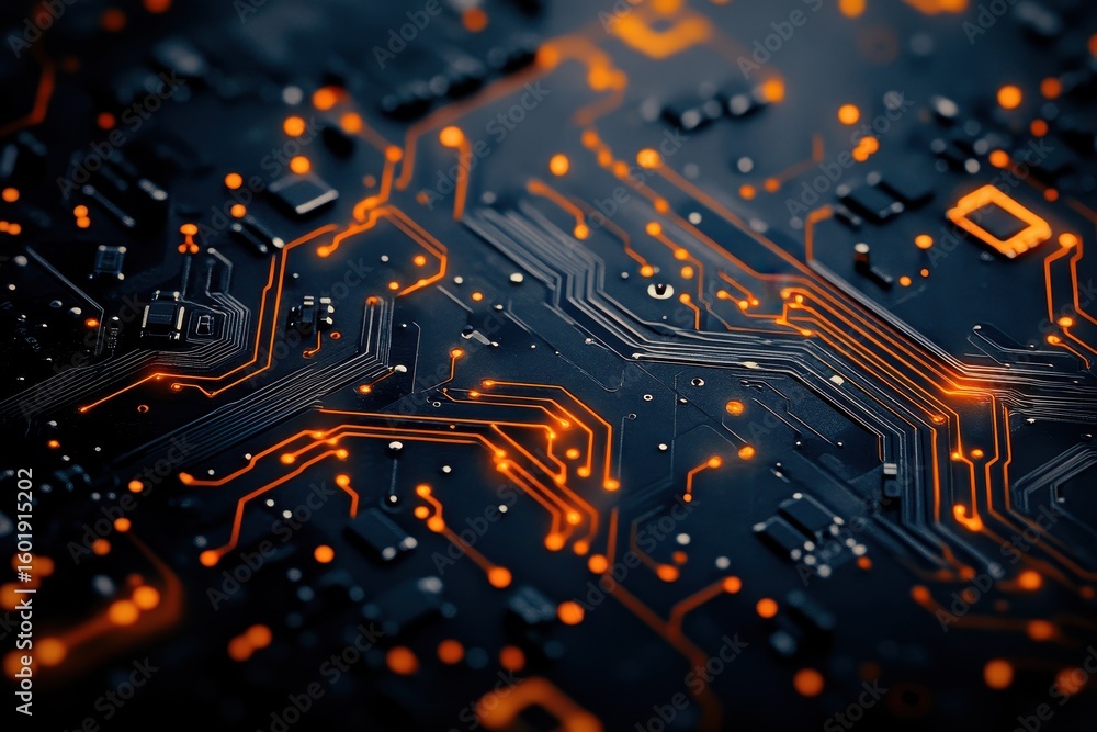 Poster close-up view of illuminated circuit board pathways.