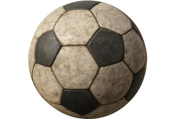 Close-up of a worn-out soccer ball, showing signs of wear and tear, isolated on a transparent background