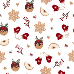 Seamless retro Christmas pattern with gingerbread, Christmas tree, snow, toys.