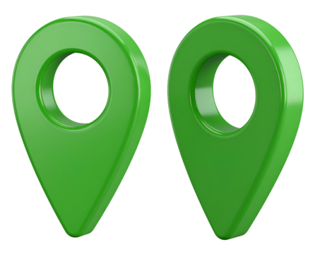Pair of 3D Green Location Pin Icons with Glossy Finish, Transparent Background