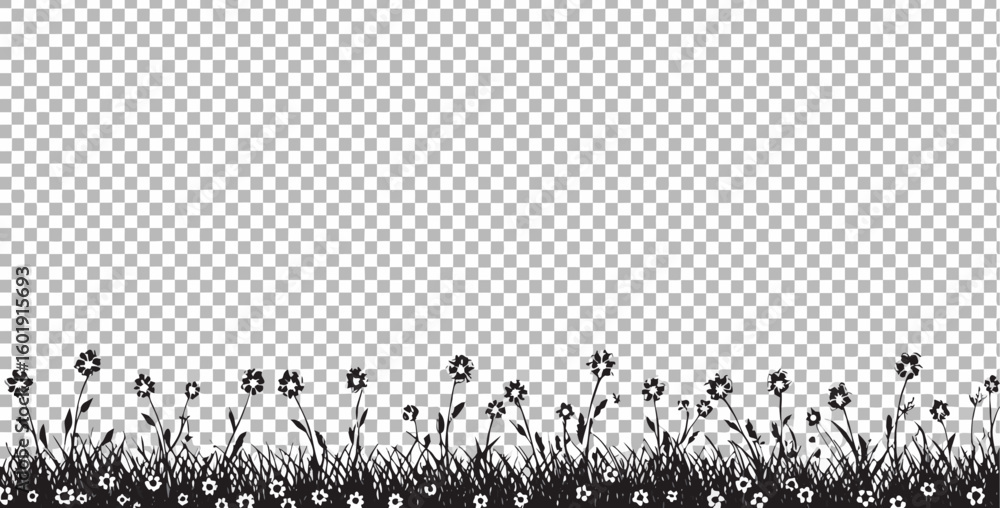 Poster vector silhouette of flowers and grass in a field against a transparent background creating a nature